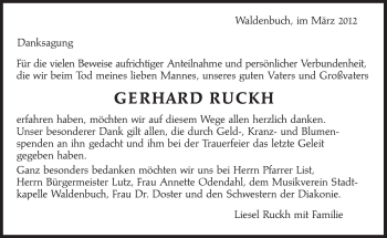 Traueranzeige von Gerhard Ruckh von Stuttgarter Zeitung / Stuttgarter Nachrichten