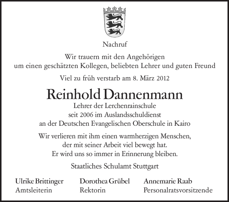  Traueranzeige für Reinhold Dannenmann vom 21.03.2012 aus Stuttgarter Zeitung / Stuttgarter Nachrichten
