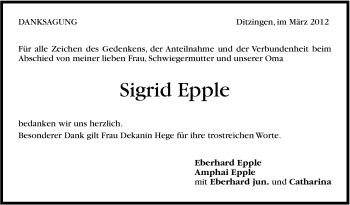 Traueranzeige von Sigrid Epple von Stuttgarter Zeitung / Stuttgarter Nachrichten