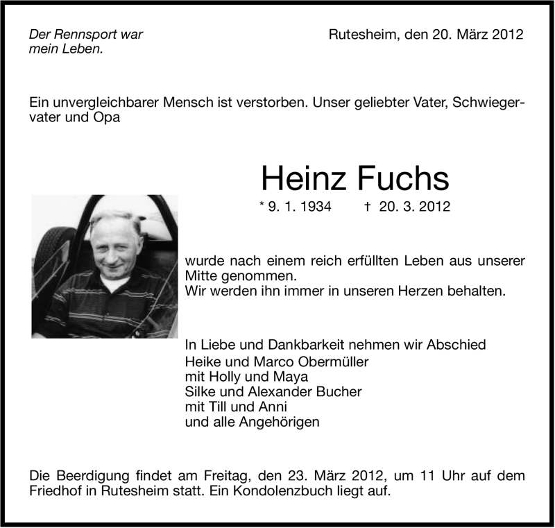  Traueranzeige für Heinz Fuchs vom 22.03.2012 aus Stuttgarter Zeitung / Stuttgarter Nachrichten