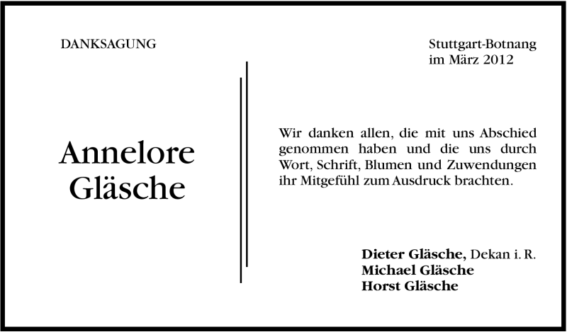  Traueranzeige für Annelore Gläsche vom 23.03.2012 aus Stuttgarter Zeitung / Stuttgarter Nachrichten