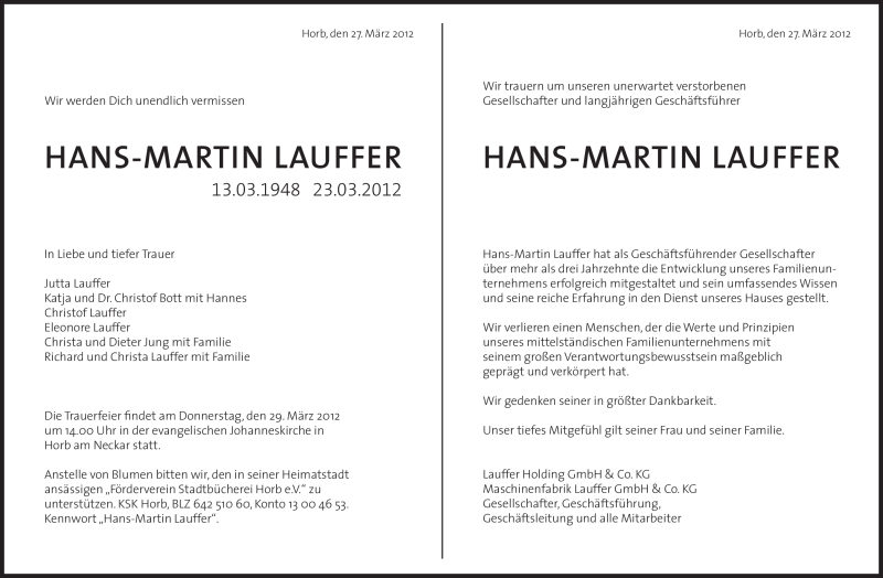  Traueranzeige für Hans-Martin Lauffer vom 27.03.2012 aus Stuttgarter Zeitung / Stuttgarter Nachrichten
