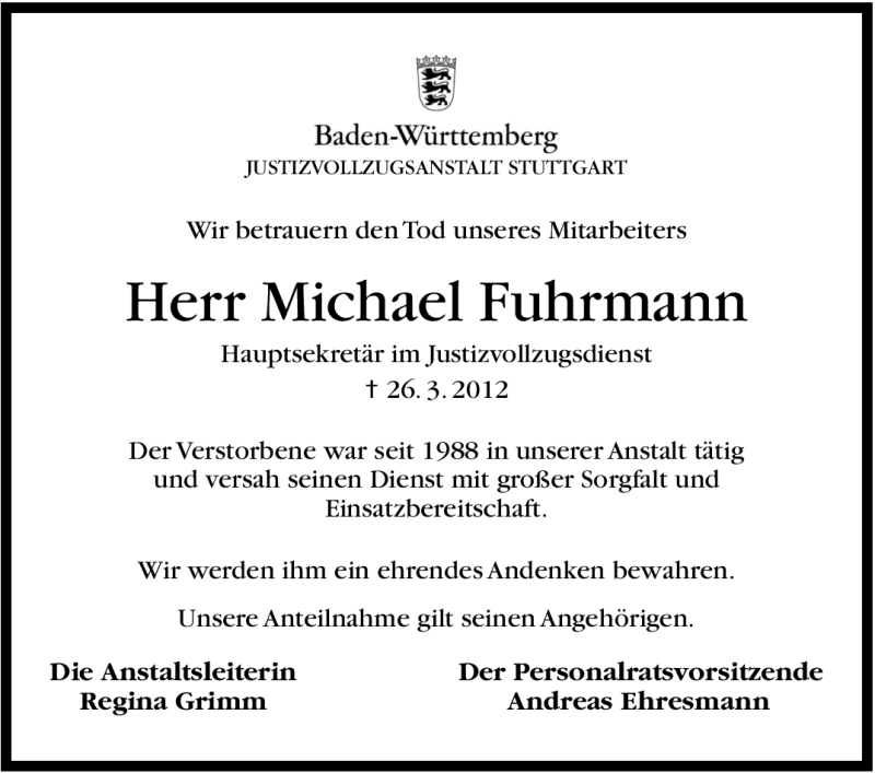  Traueranzeige für Michael Fuhrmann vom 31.03.2012 aus Stuttgarter Zeitung / Stuttgarter Nachrichten