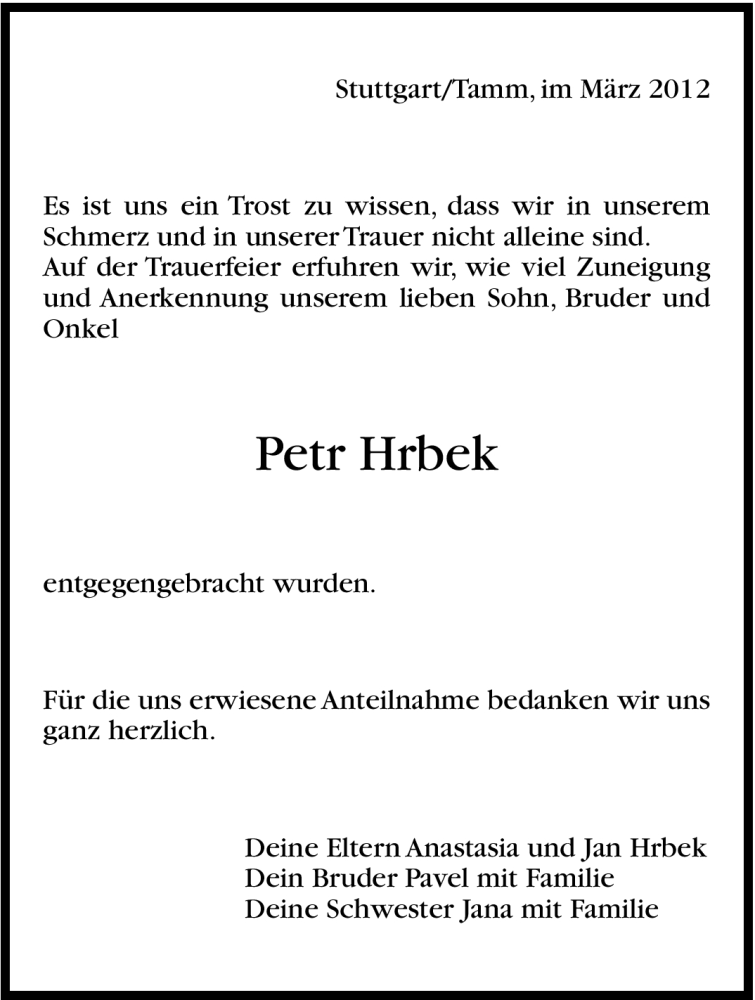  Traueranzeige für Petr Hrbek vom 31.03.2012 aus Stuttgarter Zeitung / Stuttgarter Nachrichten