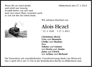 Traueranzeige von Alois Hezel von Marbacher Zeitung