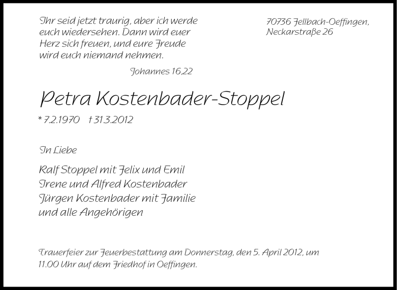  Traueranzeige für Petra Kostenbader-Stoppel vom 03.04.2012 aus Stuttgarter Zeitung / Stuttgarter Nachrichten