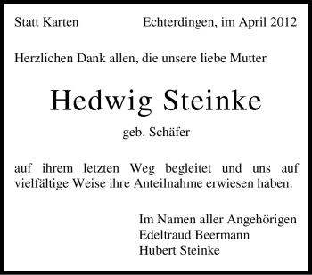 Traueranzeige von Hedwig Steinke von Stuttgarter Zeitung / Stuttgarter Nachrichten