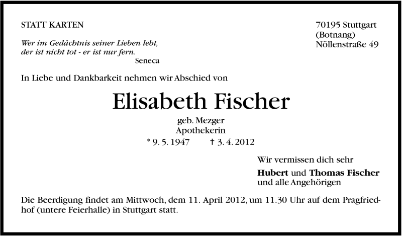  Traueranzeige für Elisabeth Fischer vom 07.04.2012 aus Stuttgarter Zeitung / Stuttgarter Nachrichten