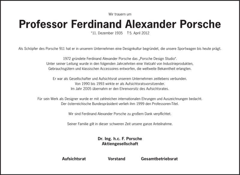  Traueranzeige für Ferdinand Alexander Porsche vom 07.04.2012 aus Stuttgarter Zeitung / Stuttgarter Nachrichten