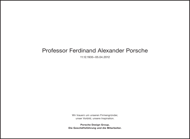  Traueranzeige für Ferdinand Alexander Porsche vom 07.04.2012 aus Stuttgarter Zeitung / Stuttgarter Nachrichten