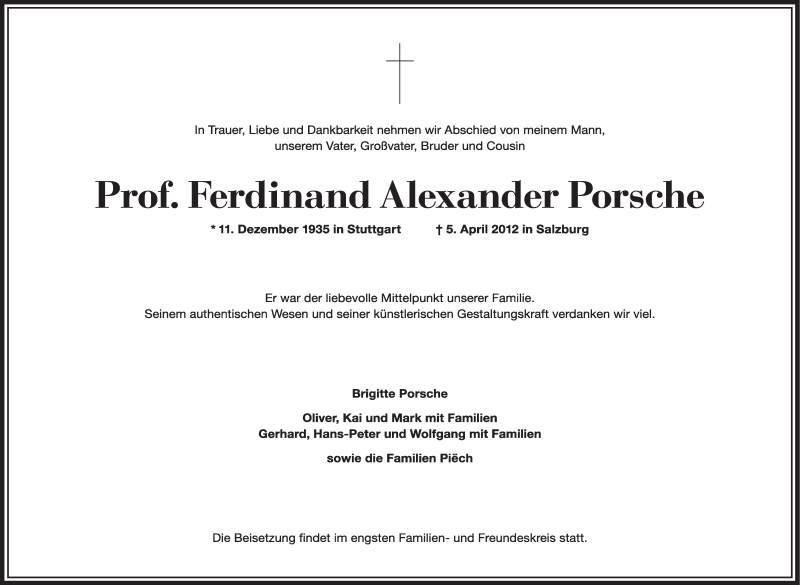  Traueranzeige für Ferdinand Alexander Porsche vom 07.04.2012 aus Stuttgarter Zeitung / Stuttgarter Nachrichten