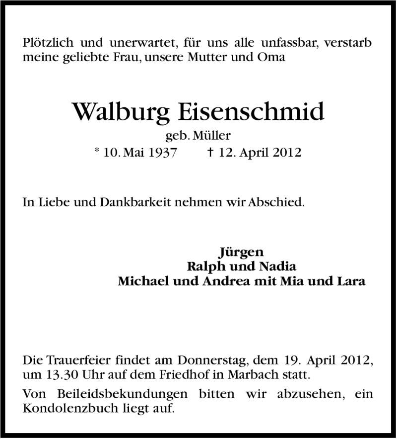  Traueranzeige für Walburg Eisenschmid vom 17.04.2012 aus Marbacher Zeitung