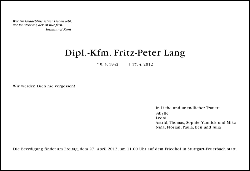  Traueranzeige für Fritz-Peter Lang vom 21.04.2012 aus Stuttgarter Zeitung / Stuttgarter Nachrichten