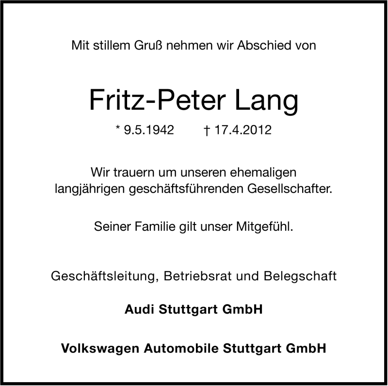  Traueranzeige für Fritz-Peter Lang vom 21.04.2012 aus Stuttgarter Zeitung / Stuttgarter Nachrichten