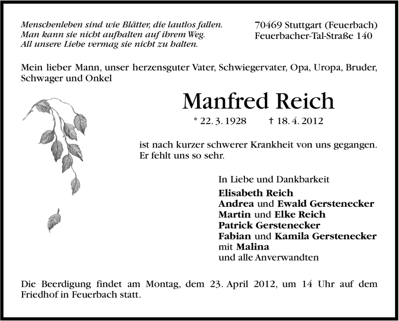  Traueranzeige für Manfred Reich vom 20.04.2012 aus Stuttgarter Zeitung / Stuttgarter Nachrichten