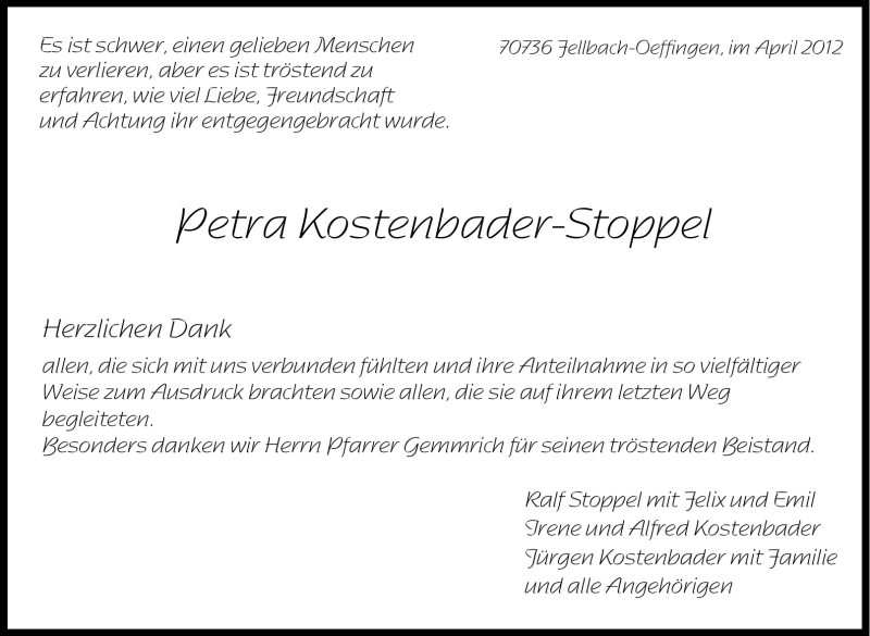  Traueranzeige für Petra Kostenbader-Stoppel vom 24.04.2012 aus Stuttgarter Zeitung / Stuttgarter Nachrichten
