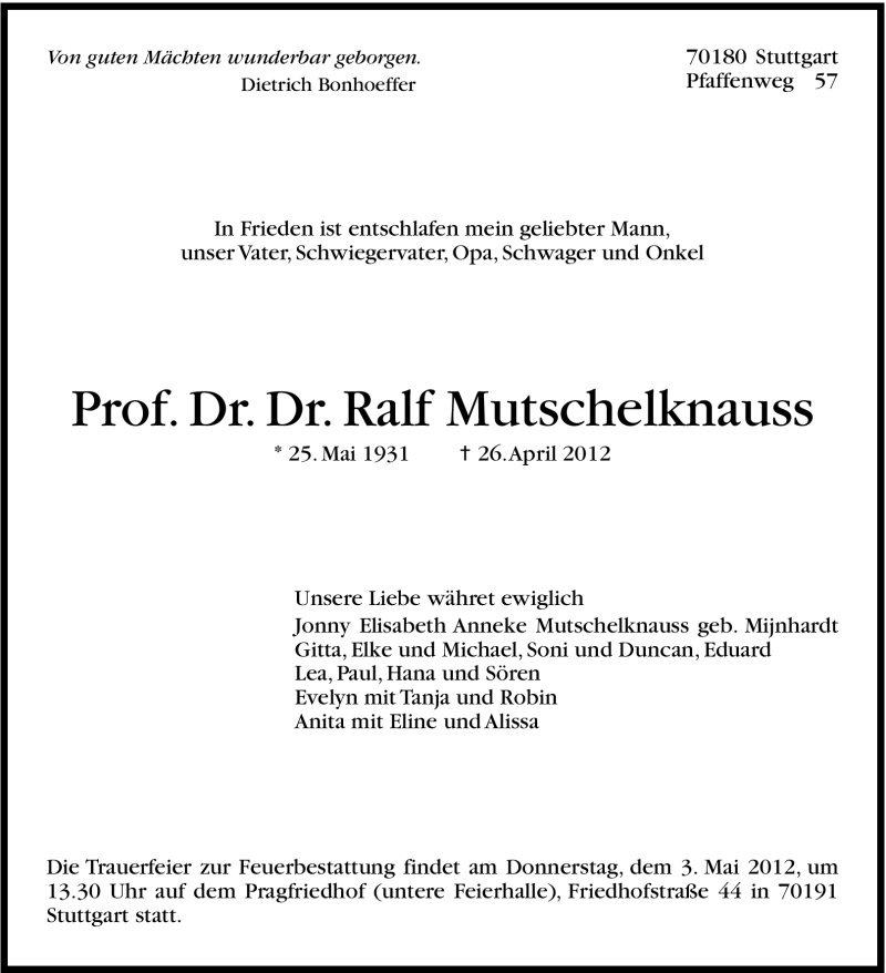  Traueranzeige für Ralf Mutschelknauss vom 28.04.2012 aus Stuttgarter Zeitung / Stuttgarter Nachrichten