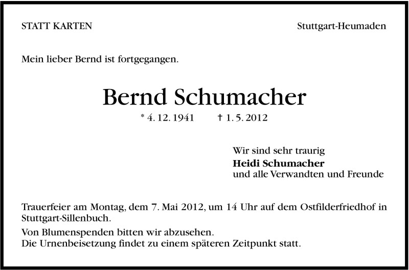  Traueranzeige für Bernd Schumacher vom 03.05.2012 aus Stuttgarter Zeitung / Stuttgarter Nachrichten