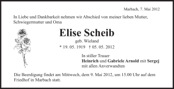 Traueranzeige von Elise Scheib von Marbacher Zeitung