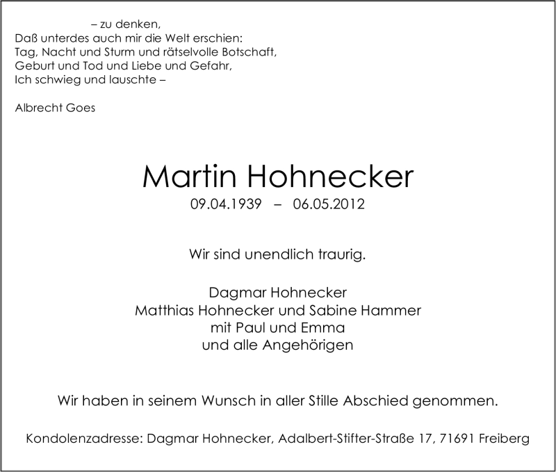  Traueranzeige für Martin Hohnecker vom 11.05.2012 aus Stuttgarter Zeitung / Stuttgarter Nachrichten