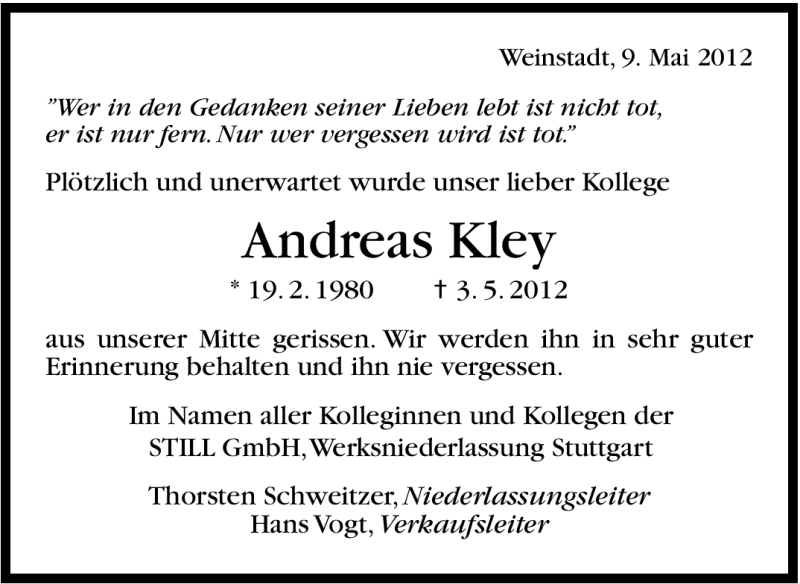  Traueranzeige für Andreas Kley  vom 10.05.2012 aus Stuttgarter Zeitung / Stuttgarter Nachrichten