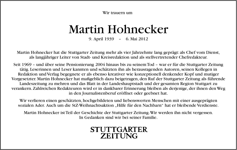  Traueranzeige für Martin Hohnecker vom 11.05.2012 aus Stuttgarter Zeitung / Stuttgarter Nachrichten