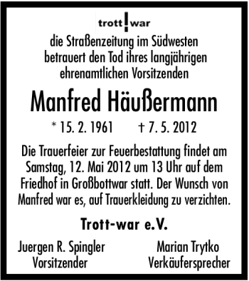 Traueranzeige von Manfred Häußermann von Marbacher Zeitung