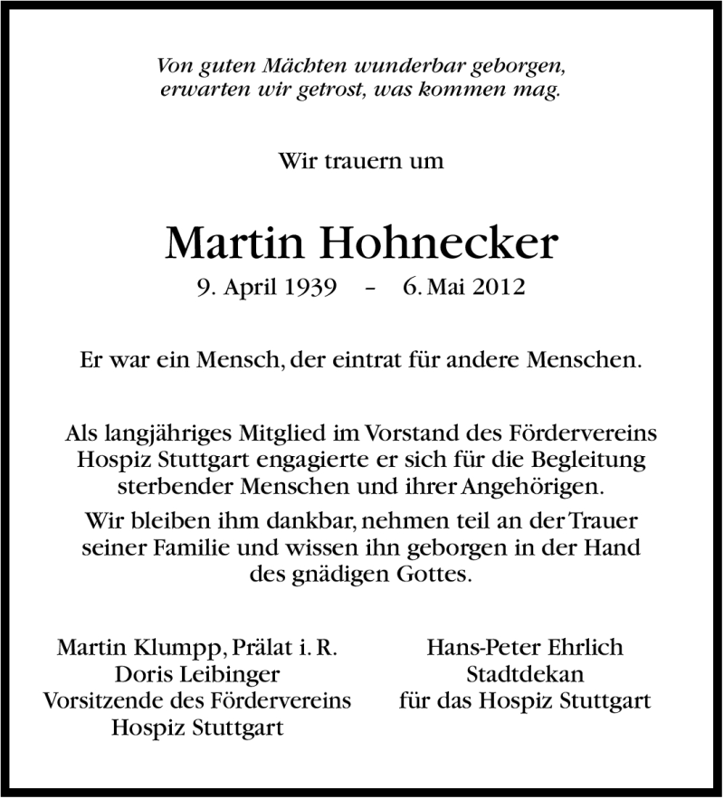  Traueranzeige für Martin Hohnecker vom 12.05.2012 aus Stuttgarter Zeitung / Stuttgarter Nachrichten