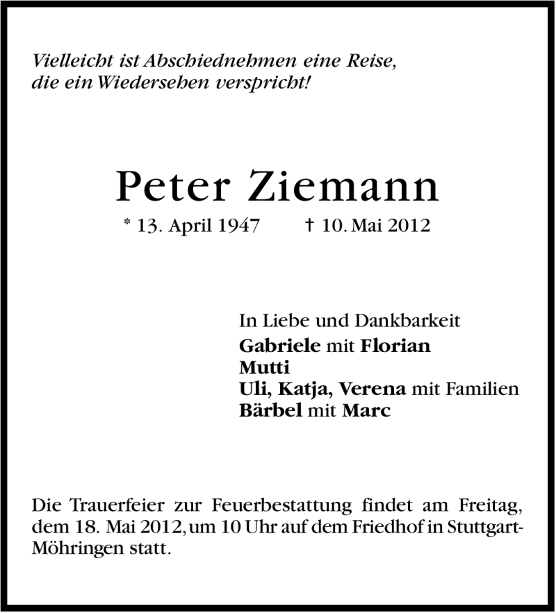  Traueranzeige für Peter Ziemann vom 16.05.2012 aus Stuttgarter Zeitung / Stuttgarter Nachrichten