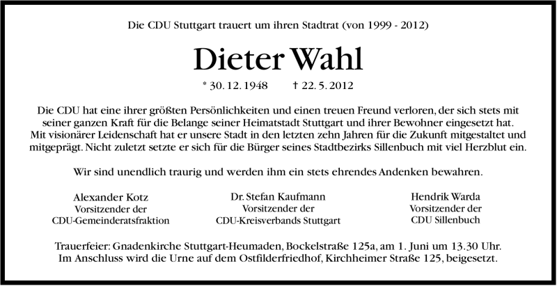  Traueranzeige für Dieter Wahl vom 26.05.2012 aus Stuttgarter Zeitung / Stuttgarter Nachrichten