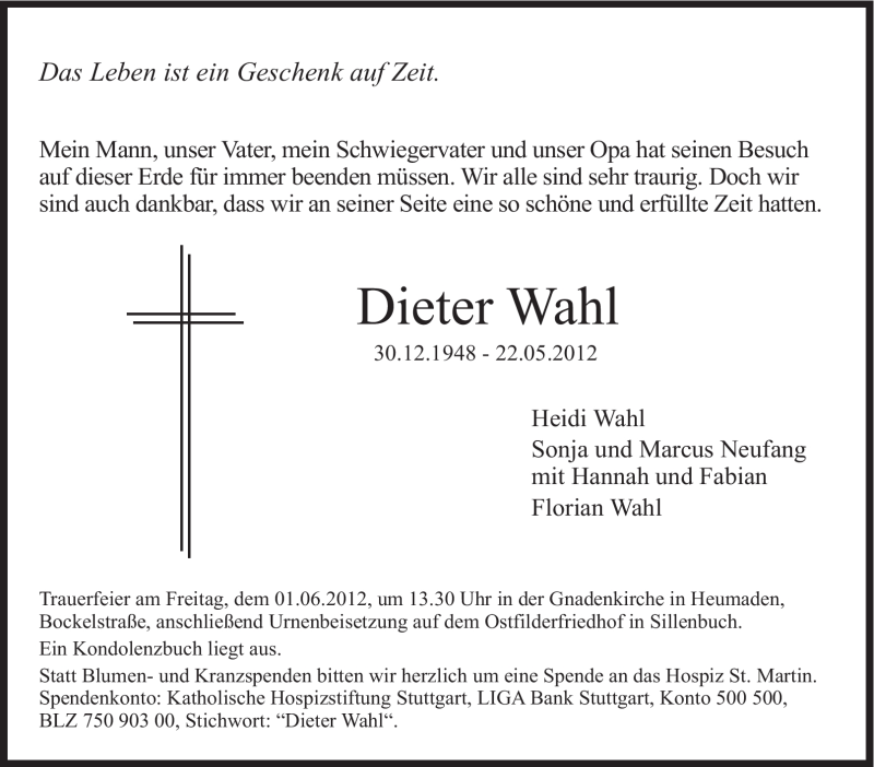 Traueranzeige für Dieter Wahl vom 26.05.2012 aus Stuttgarter Zeitung / Stuttgarter Nachrichten
