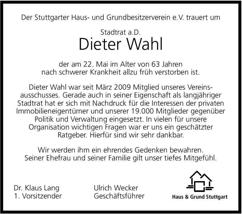  Traueranzeige für Dieter Wahl vom 26.05.2012 aus Stuttgarter Zeitung / Stuttgarter Nachrichten