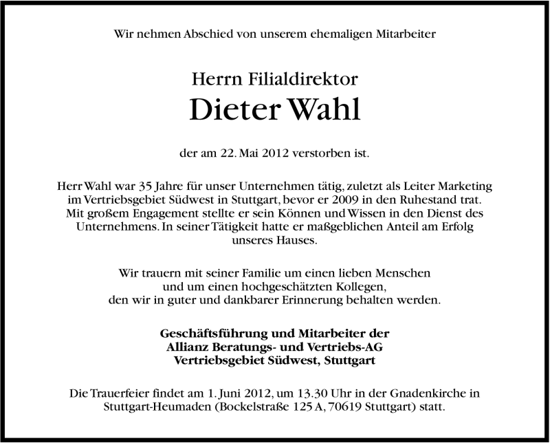  Traueranzeige für Dieter Wahl vom 26.05.2012 aus Stuttgarter Zeitung / Stuttgarter Nachrichten