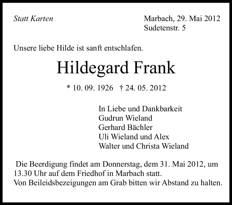  Traueranzeige für Hildegard Frank vom 29.05.2012 aus Marbacher Zeitung