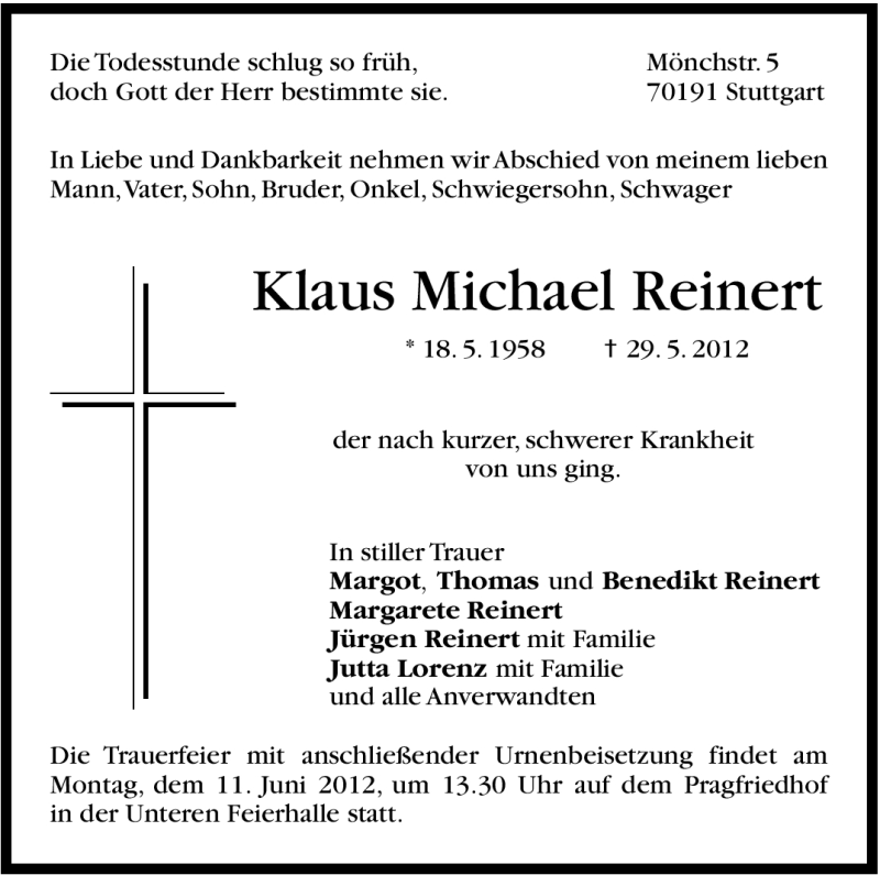  Traueranzeige für Klaus Michael  Reinert vom 06.06.2012 aus Stuttgarter Zeitung / Stuttgarter Nachrichten