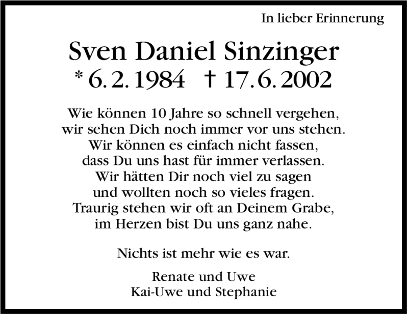  Traueranzeige für Sven Daniel Sinzinger vom 16.06.2012 aus Stuttgarter Zeitung / Stuttgarter Nachrichten