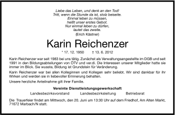 Traueranzeige von Karin Reichenzer von Marbacher Zeitung