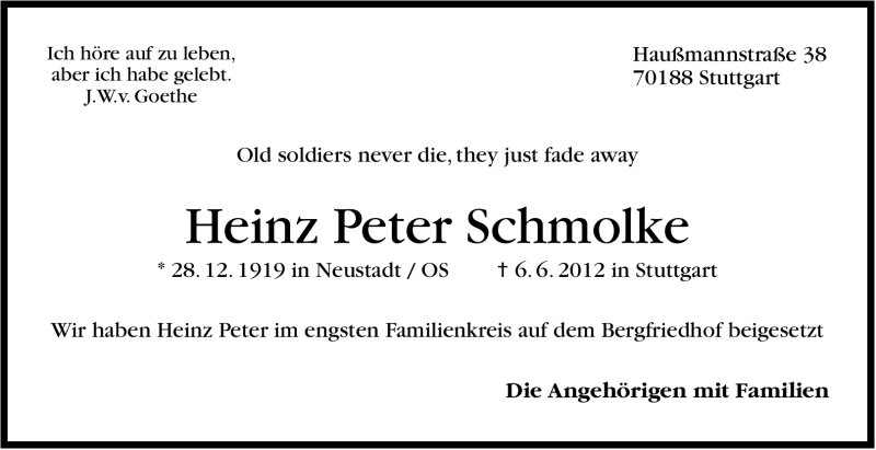  Traueranzeige für Hans Peter Schmolke vom 19.06.2012 aus Stuttgarter Zeitung / Stuttgarter Nachrichten