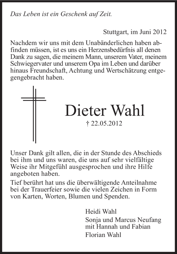  Traueranzeige für Dieter Wahl vom 16.06.2012 aus Stuttgarter Zeitung / Stuttgarter Nachrichten