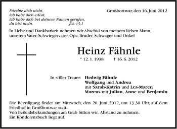 Traueranzeige von Heinz Fähnle von Marbacher Zeitung