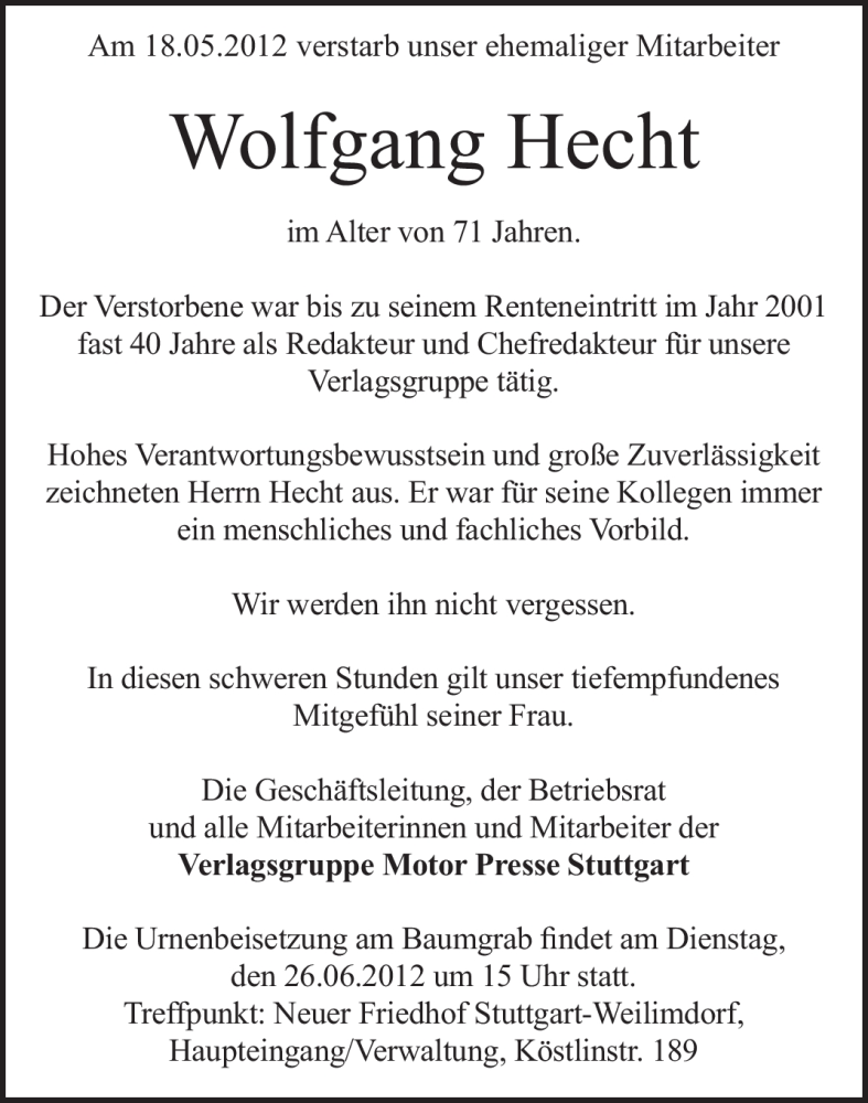  Traueranzeige für Wolfgang Hecht vom 20.06.2012 aus Stuttgarter Zeitung / Stuttgarter Nachrichten