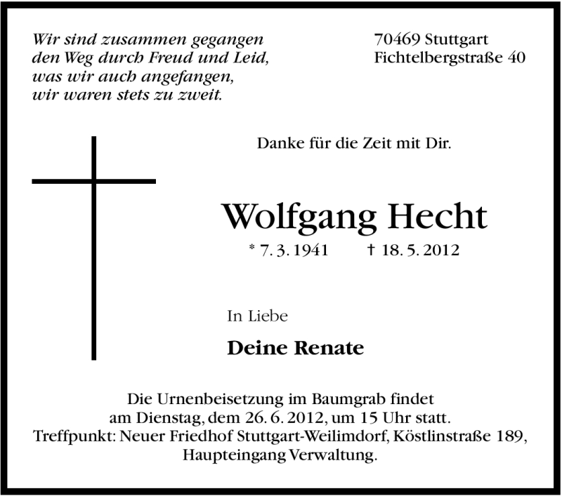  Traueranzeige für Wolfgang Hecht vom 20.06.2012 aus Stuttgarter Zeitung / Stuttgarter Nachrichten
