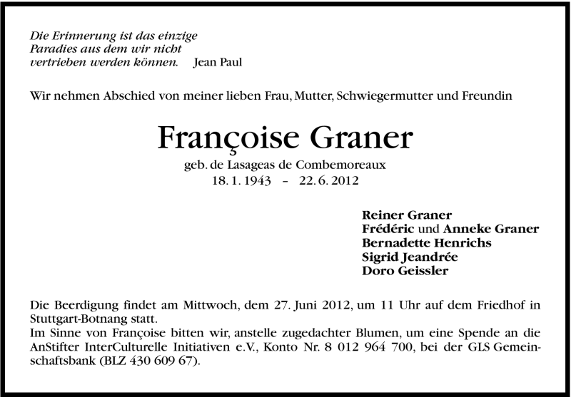  Traueranzeige für Françoise Graner vom 26.06.2012 aus Stuttgarter Zeitung / Stuttgarter Nachrichten