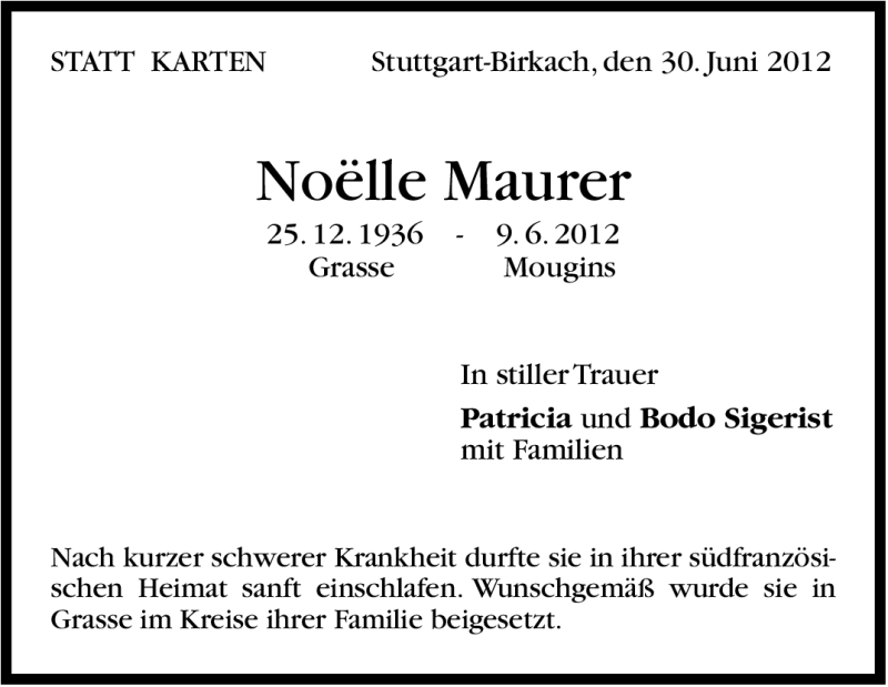  Traueranzeige für Noëlle Maurer vom 30.06.2012 aus Stuttgarter Zeitung / Stuttgarter Nachrichten