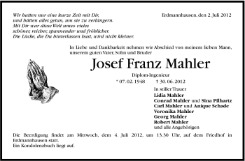 Traueranzeige von Josef Franz Mahler von Marbacher Zeitung