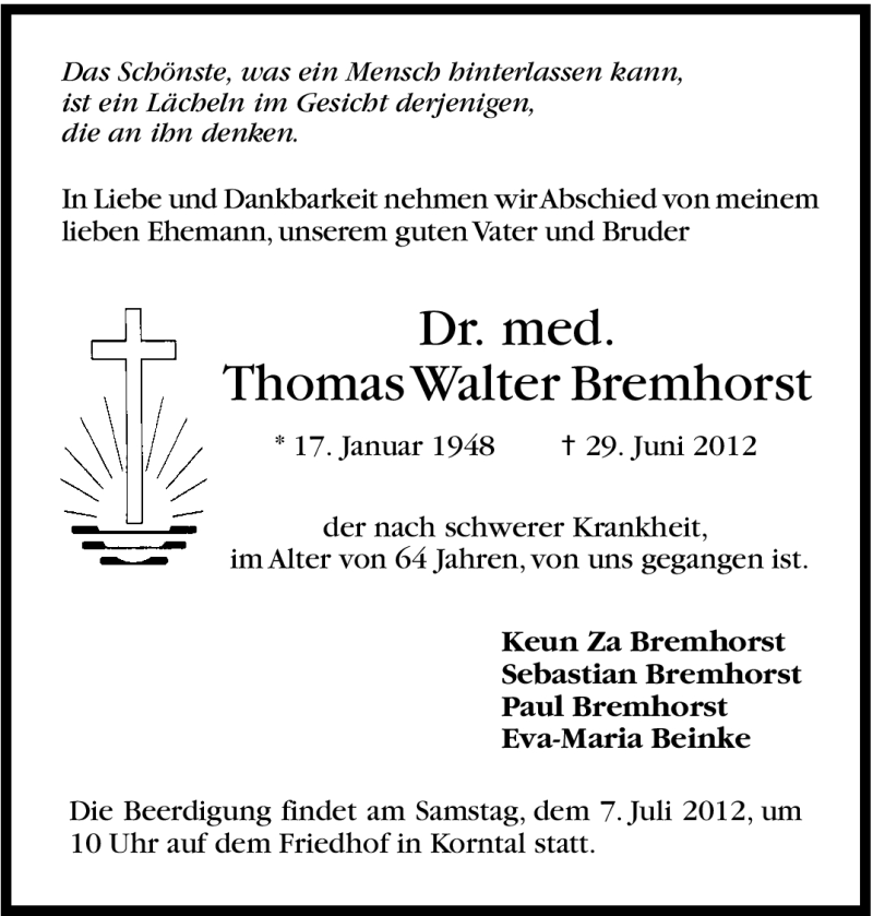  Traueranzeige für Thomas Walter Bremhorst vom 04.07.2012 aus Stuttgarter Zeitung / Stuttgarter Nachrichten