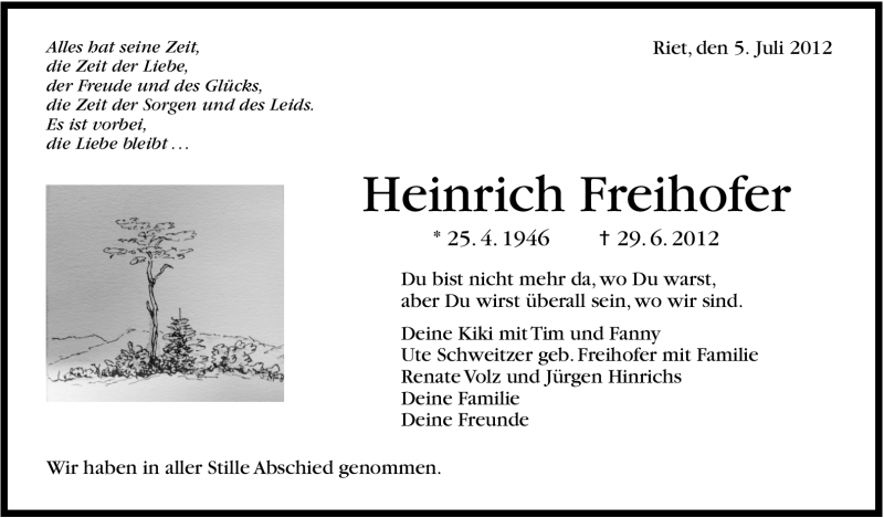  Traueranzeige für Heinrich Freihofer vom 05.07.2012 aus Stuttgarter Zeitung / Stuttgarter Nachrichten