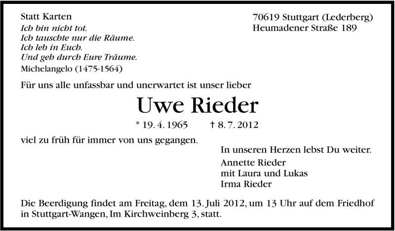  Traueranzeige für Uwe Rieder vom 11.07.2012 aus Stuttgarter Zeitung / Stuttgarter Nachrichten
