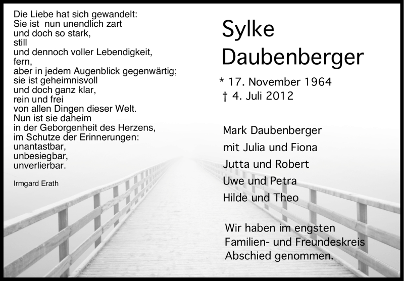  Traueranzeige für Sylke Daubenberger vom 13.07.2012 aus Stuttgarter Zeitung / Stuttgarter Nachrichten