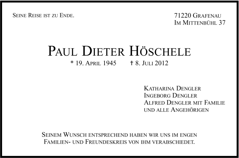  Traueranzeige für Paul Dieter Höschele vom 16.07.2012 aus Stuttgarter Zeitung / Stuttgarter Nachrichten